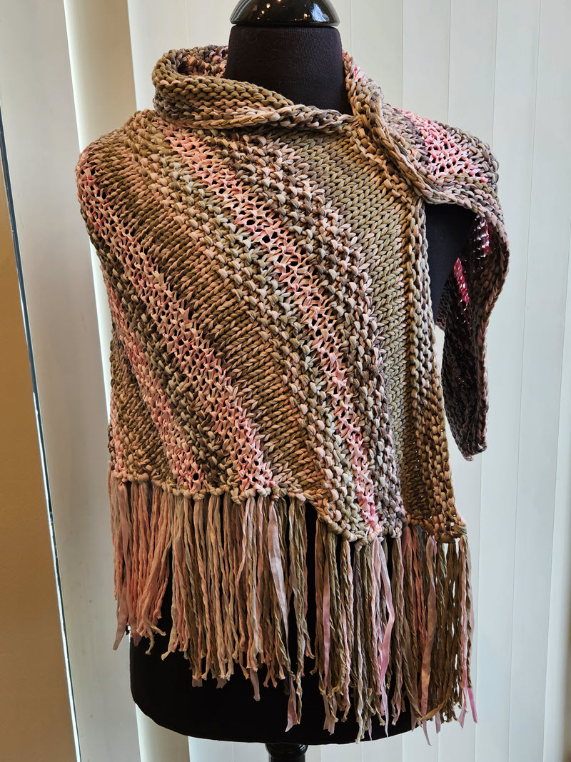 Pink and Taupe Colorwave Cotton Wrap hand knitted by Carol Rentschler